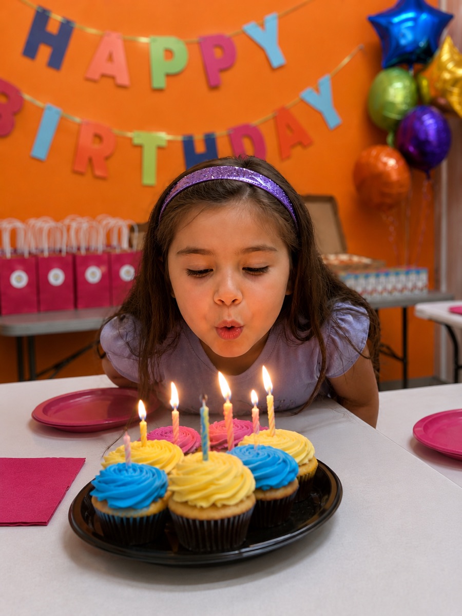 A girl blowing out birthday candles on a tray of cupcakes in the Kidz Kingdom party room