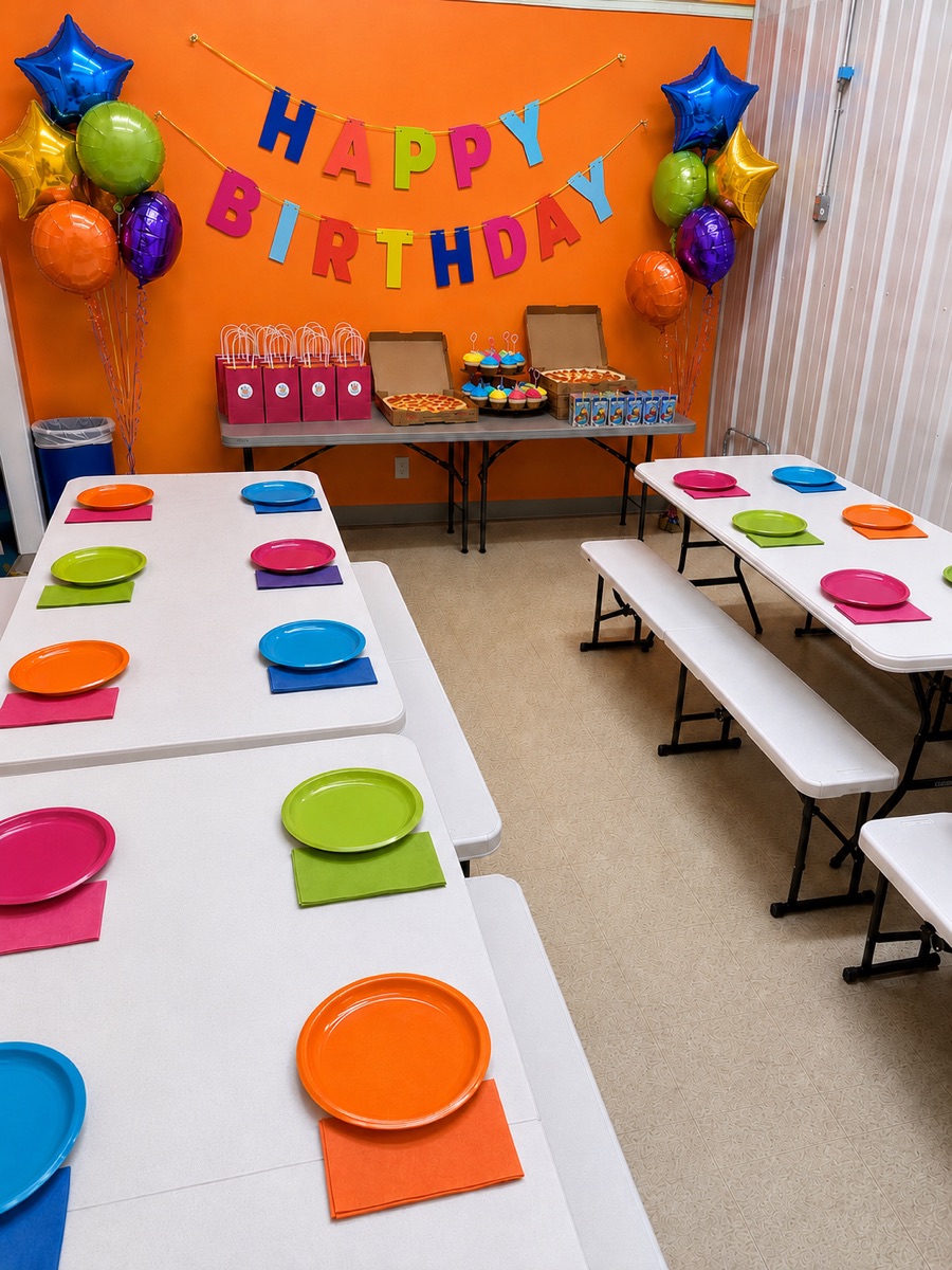 A Kidz Kingdom private party room with tables and benches, decorated by a family with balloons, goodie bags, and a Happy Birthday banner